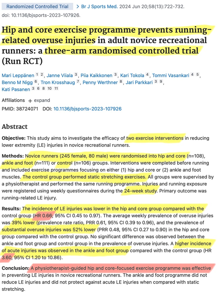 Screenshot of the abstract for Leppanen et al. with several phrases highlighted, most notably “A physiotherapist-guided hip and core-focused exercise programme was effective.”