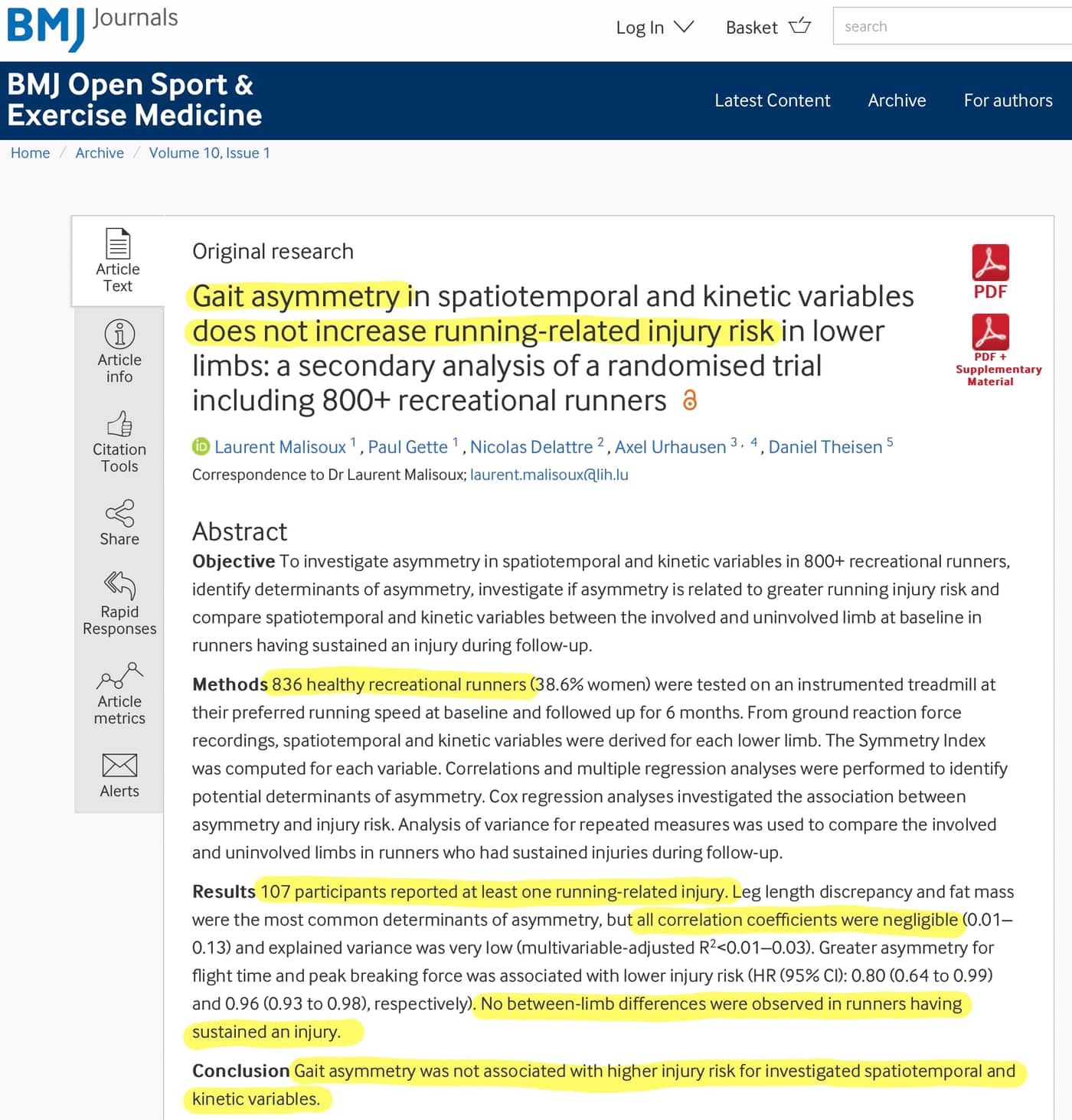 Screenshot of an abstract on the British Medical Journal website, with several highlights phrases and sentences, starting with the title, “Gait asymmetry in spatiotemporal and kinetic variables does not increase running-related injury risk,” and finishing with the one-sentence conclusion is also highlighted: “Gait asymmetry was not associated with higher injury risk for investigated spatiotemporal and kinetic variables.” Also highlighted inbetween: “836 healthy recreational runners,” “107 participants reported at least one running-related injury. … but all correlation coefficients were negligible,” and “No between-limb differences were observed in runners having sustained an injury.”