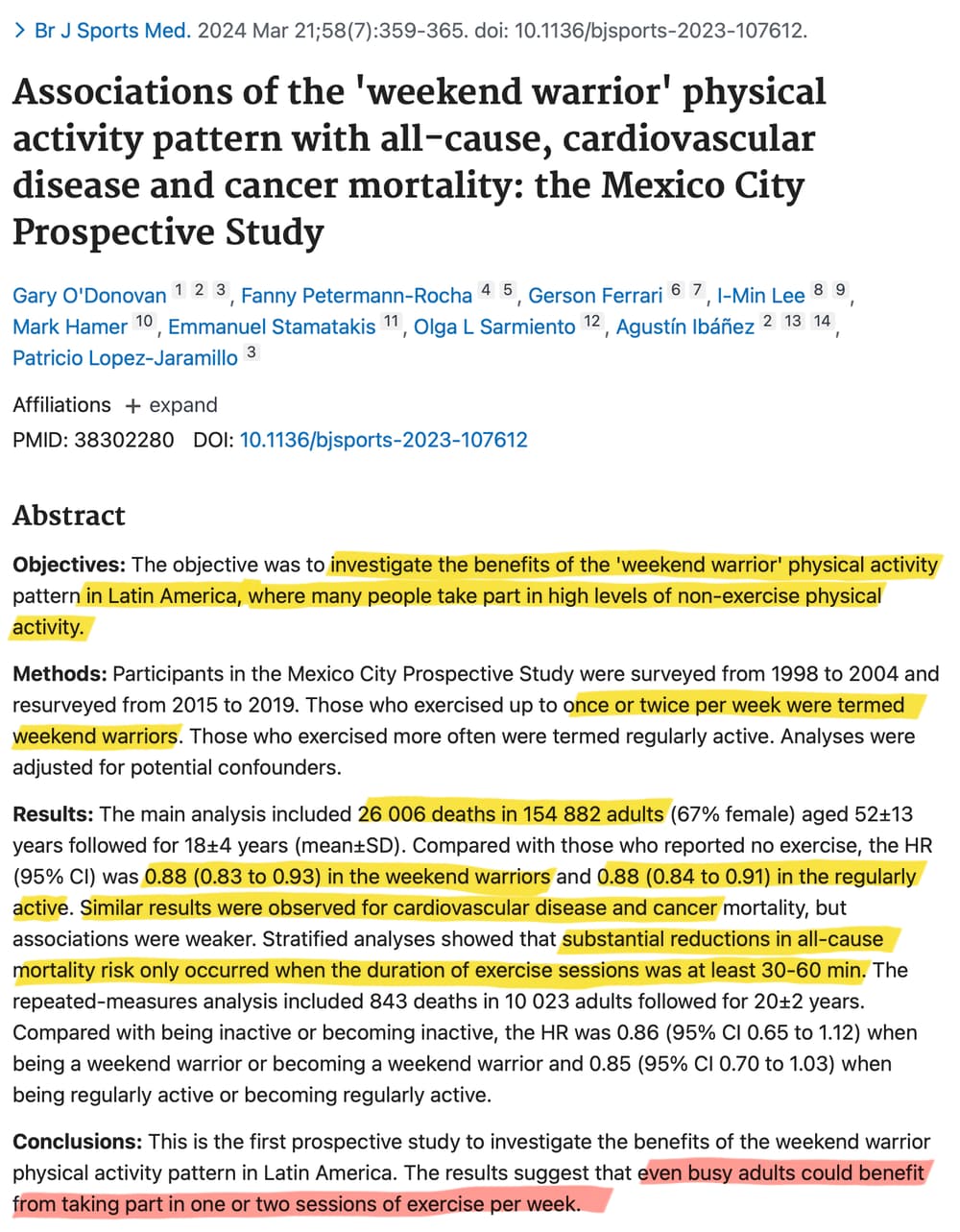 Screenshot of abstract for Odonovan et al. 2024, with several phrases highlighted in yellow, and one in red: “even busy adults could benefit from taking part in one or two sessions of exercise per week.”