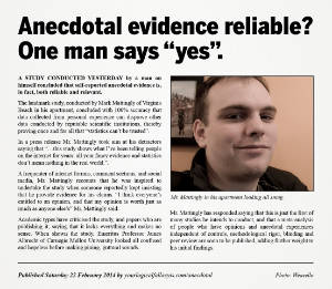 Picture of satirical news item with the headline, “Anecdotal evidence reliable? One man says yes.