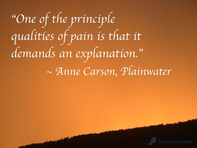 Moody, ominous photo of a smokey red sky over a dark horizon, with a quote superimposed: “One of the principle qualities of pain is that it demands an explanation.” Anne Carson, Plainwater