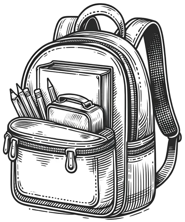Line drawing of a backpack with pens and pencils and books sticking out of it.