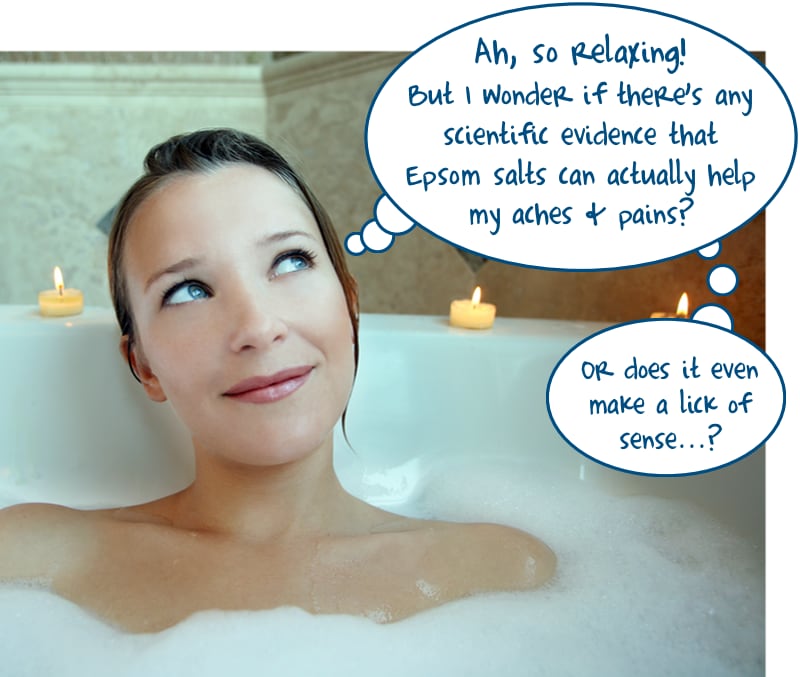 Photograph of a woman in an Epsom salt bath, thinking, “Ah, so relaxing! But I wonder if there’s any scientific evidence that Epsom salt can actually help my aches & pains?” And then a second thought: “Or does it even make a lick of sense...?”
