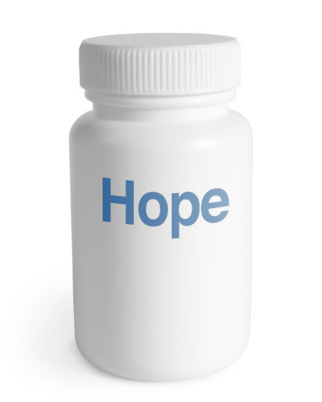 Photograph of a plain white bottle with the word “hope” on it, representing false hope and/or placebo.
