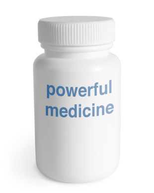 Plain white pill bottle labelled “powerful medicine.”