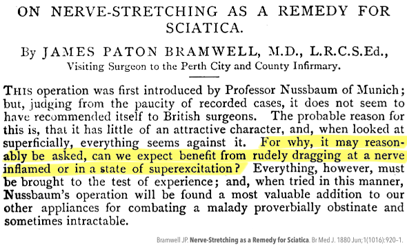 Image of an old (1880) scientific paper titled “Nerve-Stretching as a Remedy for Sciatica,” with this text highlighted: “For why, it may reasonably be asked, can we expect benefit from rudely dragging at a nerve inflamed or in a state of superexcitation?”