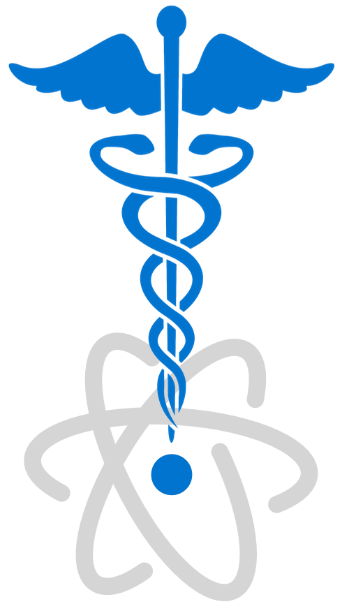 Simple graphical representation of the staff of Caduceus combined with the symbol of an atom, such that the combination looks like an exclamation point with the nucleus of the atom as the point. This combination represents “science-based medicine.”