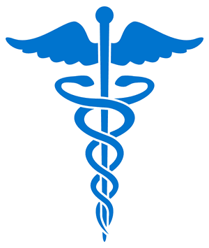 Blue caduceus symbol.
