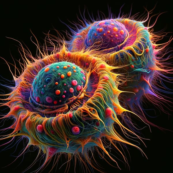 A kaleidoscopically colourful and fictional AI-rendition of a pair of cells with many wispy pseudopods, closely resembling a colourized photomicrograph. They look “realistic in spirit.”