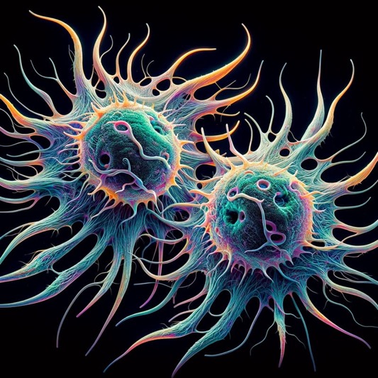 A kaleidoscopically colourful and fictional AI-rendition of a pair of cells with many wispy pseudopods, closely resembling a colourized photomicrograph. They look “realistic in spirit.”