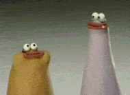 Funny animated gif of two strange animated characters rapidly opening and close their jaws, as a funny way of emphasizing that heavy use of jaw muscles may cause tension headaches.