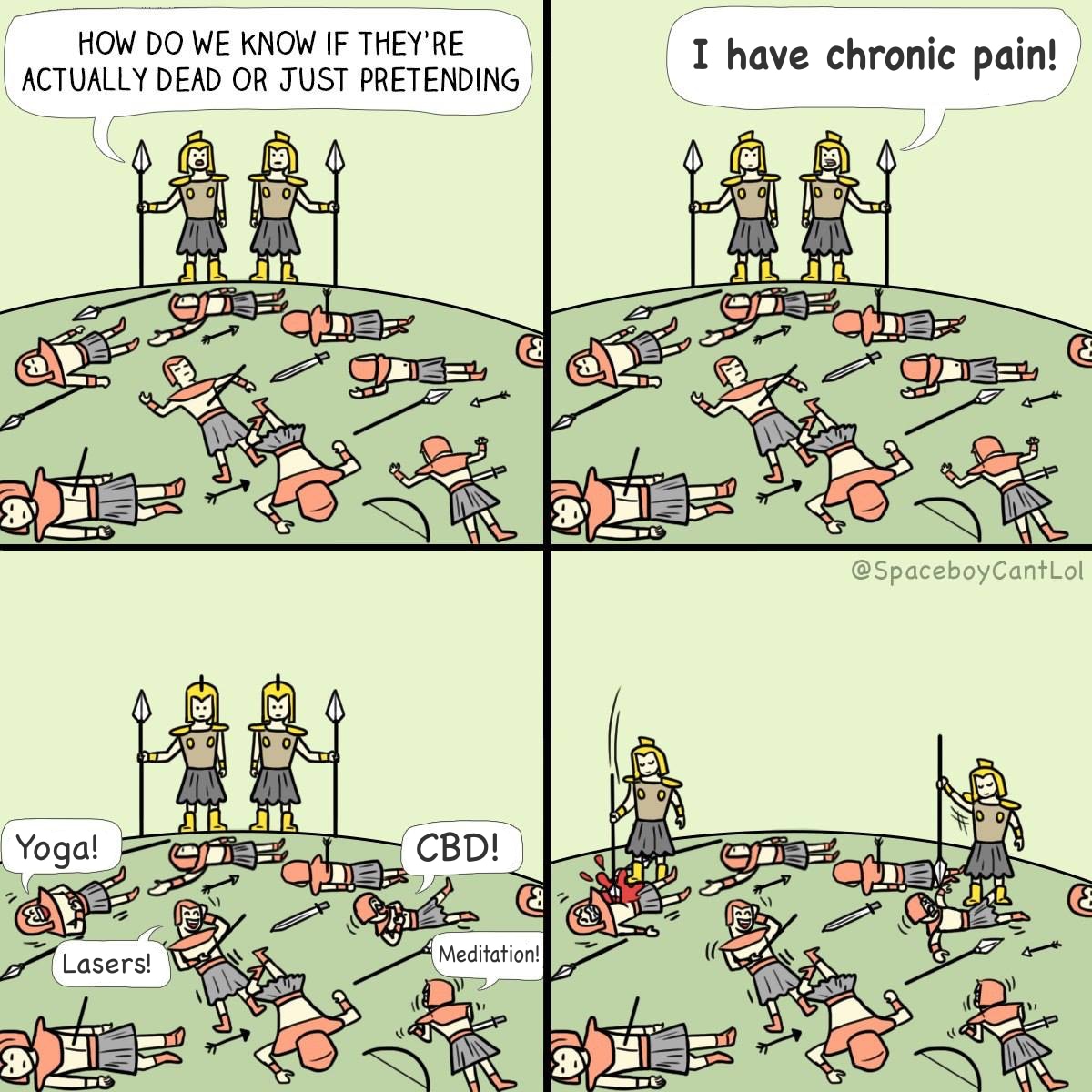 Comic strip, 4 panels, all featuring two ancient soldiers standing up, and several more lying on the ground in front of them, seemingly dead. Panel one: one live soldier asks, “How do we know if they’re actually dead or just pretending?” Second panel, the other soldier shouts: “I have chronic pain!” Third panel: four of the seemingly dead soldiers speak up, saying “Yoga!” “CBD!” “Lasers!” “Meditation!” In the fourth panel, the two live soldiers proceed to finish off the soldiers who revealed themselves as just pretending.