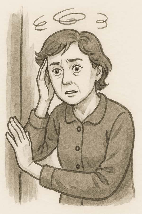 A very simple, ink-and-wash illustration of a middle-aged woman who is feeling a little woozy and dizzy, as indicated by some comic-style spirals over her head. Her eyes are open. She is supporting herself against a wall with one hand, and touching her temple with the other.