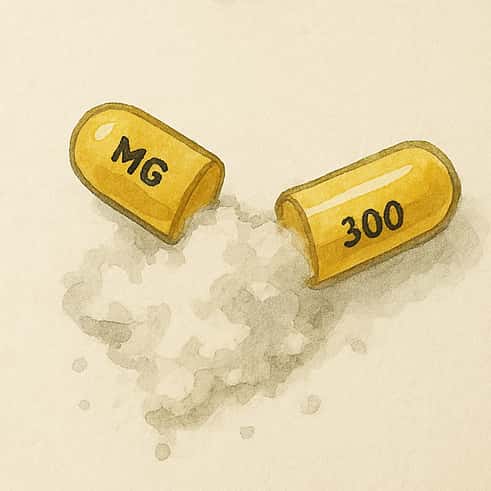 A simple illustration of an opened capsule of gabapentin, spilling its contents.