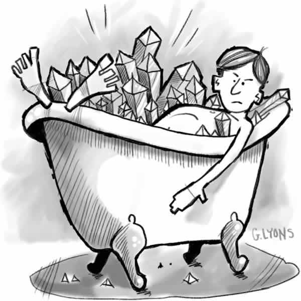 Cartoon of a man having an Epsom salt bath, in a bathtub full of large, jagged crystals.