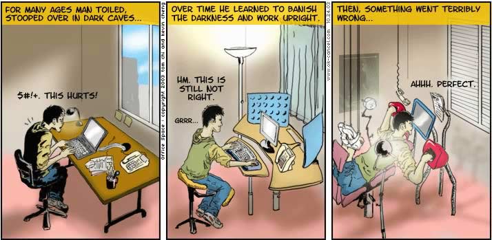 A comic strip, 3 frames, showing an office evolving from poor ergonomics in the first frame, to a fancy modern workspace with advanced ergonomics in the second frame, to an bizarre and absurd workstation in the third frame.