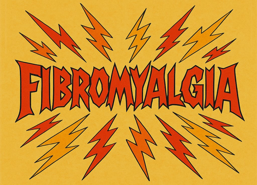 The word "fibromyalgia" in a large, red, jagged font emitting lightning bolts, in the style of 1970s graphic design.