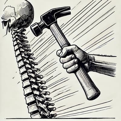 A pen and ink illustration of a hammer being swung at a human spine. The hammer is in mid-motion, with motion lines indicating its rapid swing toward the upright and unnaturally straight spine. The illustration is minimalist, using simple, clean lines to emphasize the dynamic action and impact.