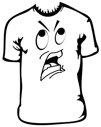 Illustration of a T-shirt with teeth in the collar, pointing upwards, representing the feeling of extreme sensitivity to pressure on my throat.