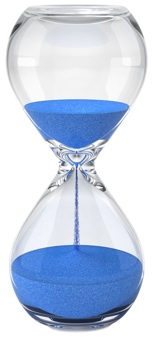 Photo of an large hourglass with blue sand, isolated on white, representing healing time.