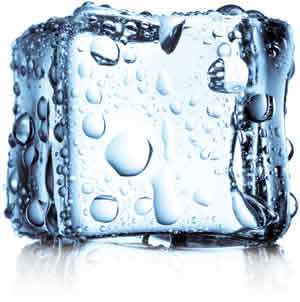 Photograph of an ice cube, isolated on white, representing cryotherapy.
