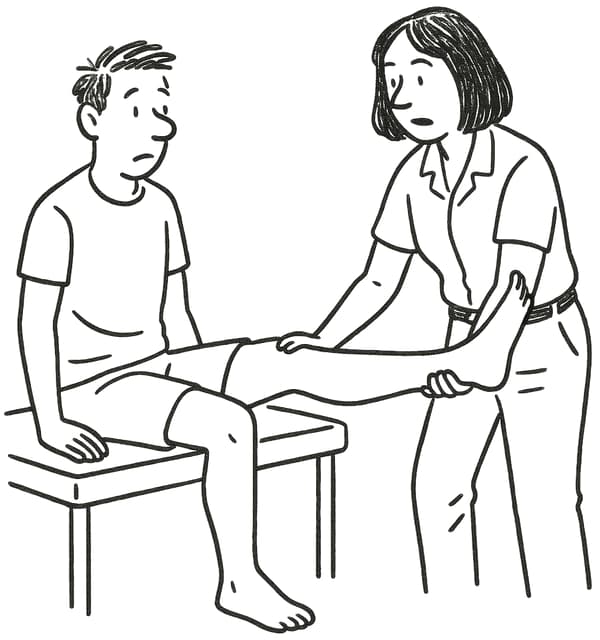 An extremely simple pen-and-ink illustration of a physical therapist doing a "straight leg raise" test with a patient sitting on a medical exam table.