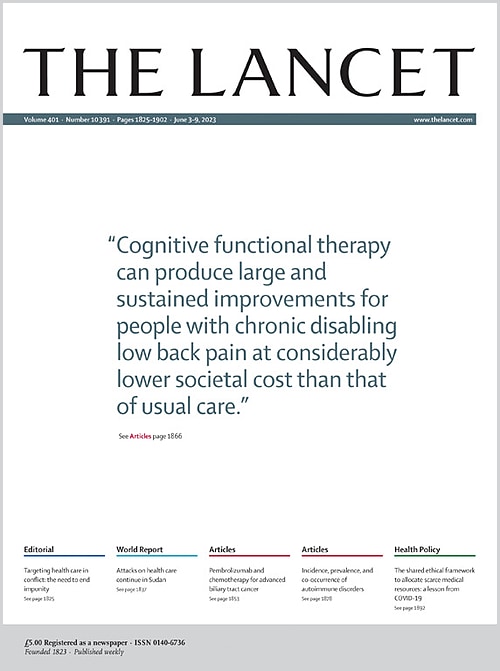 Cover of the top-tier medical journal The Lancet, which features the most exciting possible quote from the RESTORE trial’s abstract: “Cognitive functional therapy can produce large and sustained improvements for people with chronic disabling low back pain at considerably lower societal cost than that of usual care.”