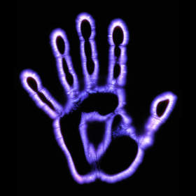 Kirlian photography of a hand: a purple, hazy outline.