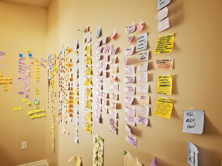 Photo of the corner of a room with the walls festooned with dozens of sticky notes. Most are too small to read except for a few in the foreground like “Doctor’s afraid of sex? ‘Fraid so!”