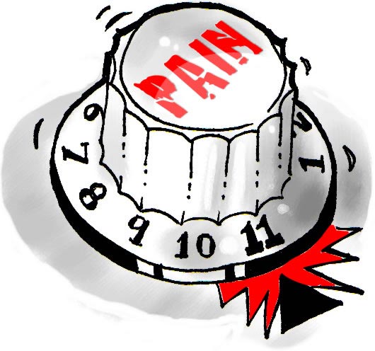 Drawing of a knob representing the intensity of back pain, dialed up to 11.