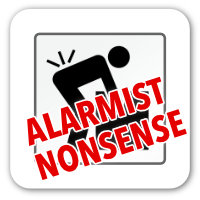 A typical workplace safety sign cautioning against improper lifting technique, superimposed with bright read text, “Alarmist nonsense.”