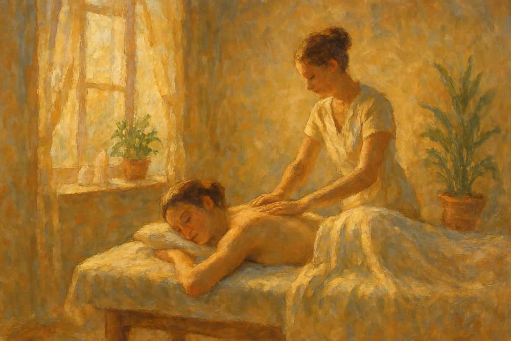 A painting of a massage therapy session in a classy impressionist style. The mood is beautiful, peaceful, and warm. The room seems suffused with sunlight, and there are a couple of plants. A woman is massaging another women (who could be her twin).