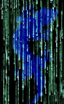 Graphics of the Matrix code cascade with the PainScience.com salamander superimposed.