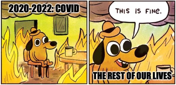 “This is fine” meme, 2 identical frames showing a cartoon dog seated and drinking a beverage while surrounded by flames and smoke. In the second frame he says, “This is fine.” First frame caption is “2020-2022: COVID.” Second frame caption is “the rest of our lives.”