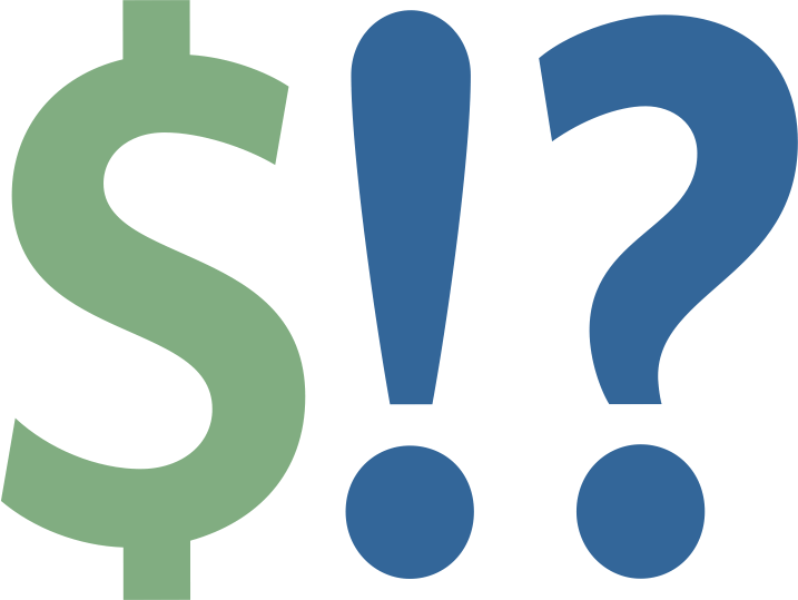 Graphical image of three large blue text characters: a dollar sign, an exclamation point, and a question mark.