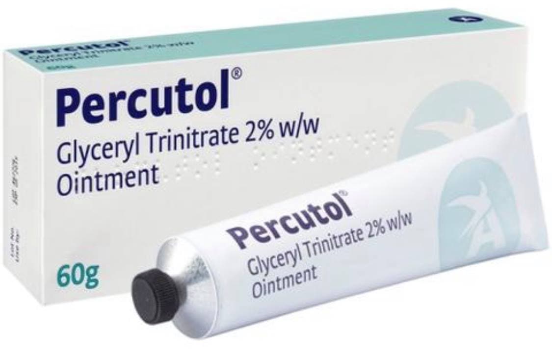 Photo of a box and tube of Percutol, glyceryl trinitrate 2% ointment.