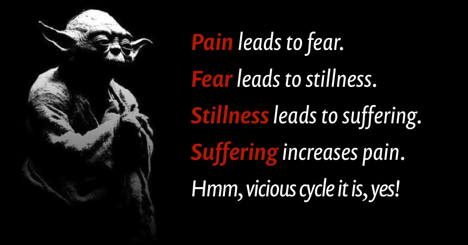A photo of yoda, very high contrast on a black background, with the caption: “Pain leads to fear. Fear leads to stillness. Stillness leads to suffering. Suffering increases pain. Hmm, vicious cycle it is, yes!”