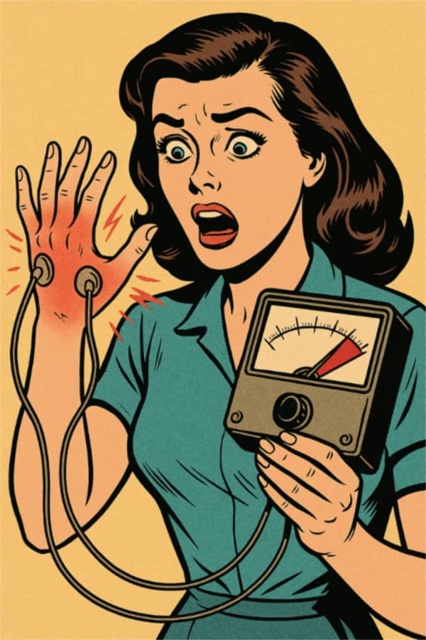 silver-age comic book style illustration of a woman, an attractive young brunette. She has hand pain, and she is measuring her hand pain with a vintage analog meter, with a horrified and amazed expression. The gadget is measuring the pain and the needle is "in the red." The gadget is attached to her hand by two wires with electrodes.
