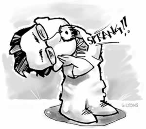 Cartoon of a man stretching his neck alarmingly far to one side. His neck is a spring that is breaking.