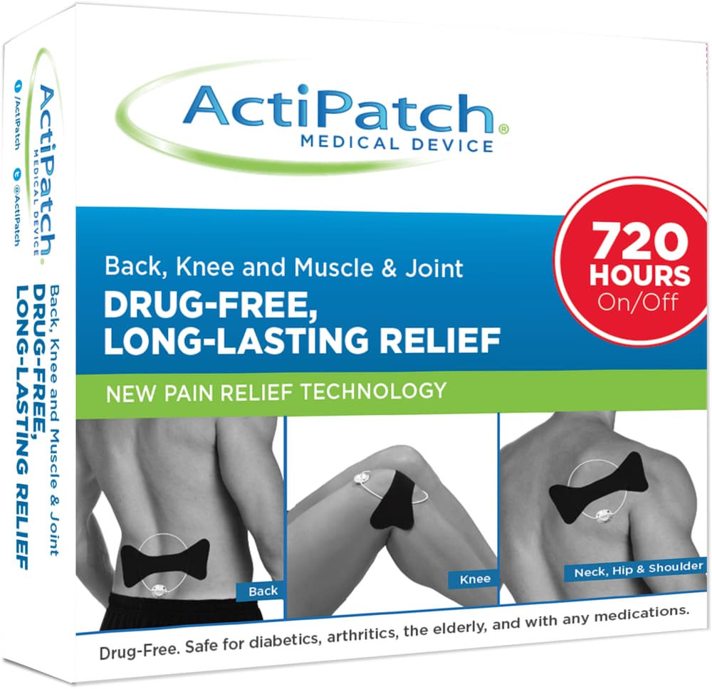 Photograph of an "ActiPatch" product box. It advertises (all caps) “DRUG-FREE, LONG-LASTING RELIEF” for “Back, Knee and Muscle & Joint.” There are 3 photos of the product in use, taped to a man’s back, knee, and shoulder blade. The box also advertises “Drug-Free. Safe for diabetics, arthritics, the elderly, and with any medications.”