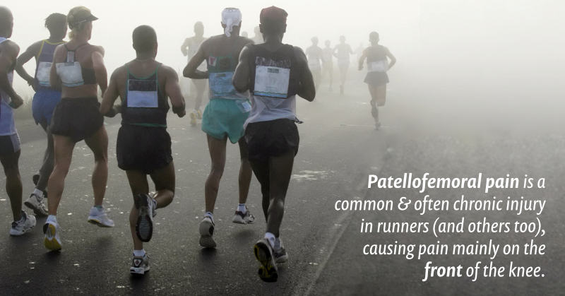 Photo of many runners disappearing into the mist. A caption superimposed on the image reads: patellofemoral pain is a common and often chronic injury in runners (many non-runners too), causing pain mainly on the front of the knee.