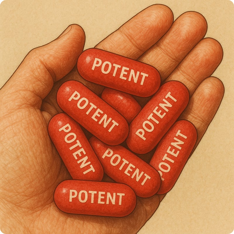 Illustraion of a human hand holding several large red capsules, each one labeled “POTENT” in bold white letters.