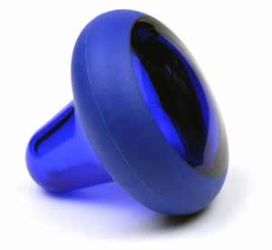 Photograph of a massage tool, the Knobble II, roughly the shape of a mushroom, where the stem of the mushroom is the point of the tool and the cap is the grip. It’s nade of bright blue plastic, with a rubberized handle.