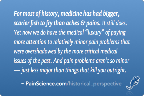 For most of history, medicine has had bigger, scarier fish to fry than aches & pains. It still does. Yet now we do have the medical “luxury” of paying more attention to relatively minor pain problems that were overshadowed by the more critical medical issues of the past. And pain problems aren’t so minor — just less major than things that kill you outright.