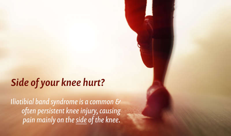 The complete guide to IT band syndrome, represented by a picture of a runner’s legs from the knees down, blurry, with strong warm morning light. Maybe she has IT band syndrome, or perhaps she is happily recovered from it. There’s text in the image reading, ‘Side of your knee hurt?’ Iliotibial band syndrome is a common & often persistent knee injury, causing pain mainly on the side of the knee.
