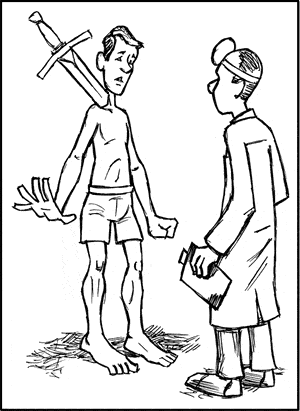 A cartoon of a man and a doctor. The man has a sword in his neck, but the caption reads, “It’s my hand, doc. My hand hurts.” This represents some of the unusual referred pain possible with the scalenes.