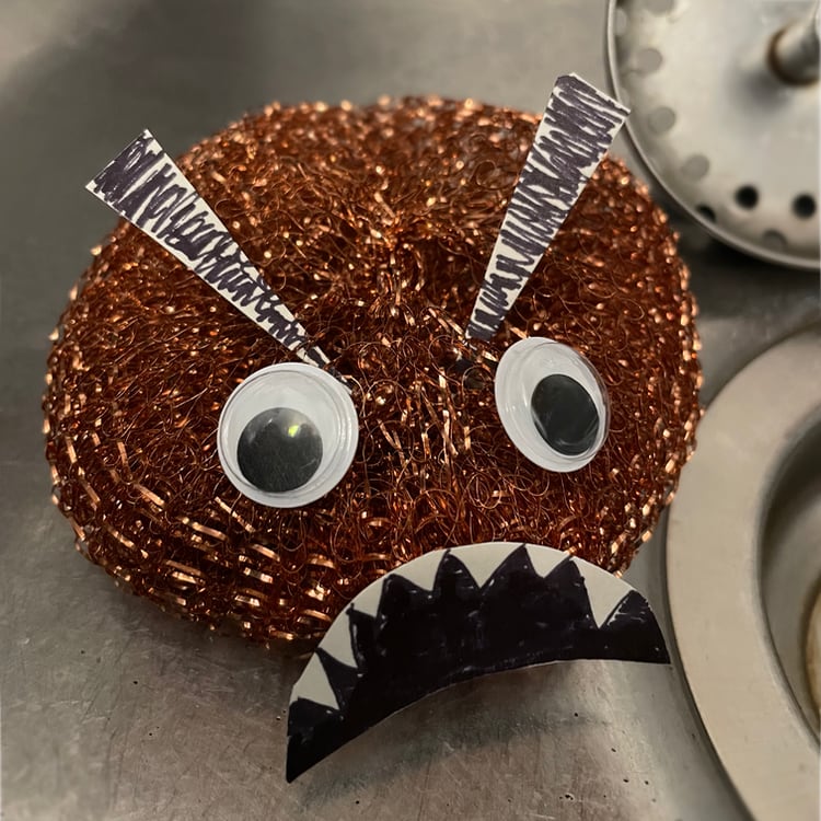 Photo of a copper dish scrubber in the bottom of a sink. It has googly eyes, angry eyebrows, and a snarling mouth full of fangs.