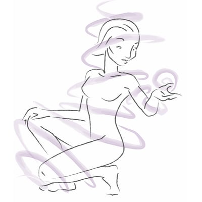 Highly stylized line drawing of oung woman crouching with energy swirling around her, representing by purple streaks. She’s holding a swirl of energy in her hand and looking at it.