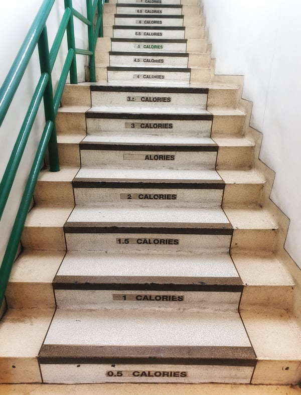 Photo of a set of indoor stairs. Each stair is labelled with a cumulative calorie-count in half calories increments: 0.5 calories, 1.0 calories, 1.5 calories, up to 6.5 at the top of the photo.