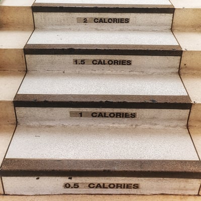 Photo of a set of indoor stairs. Each stair is labelled with a cumulative calorie-count in half calories increments: 0.5 calories, 1.0 calories, 1.5 calories, up to 6.5 at the top of the photo.